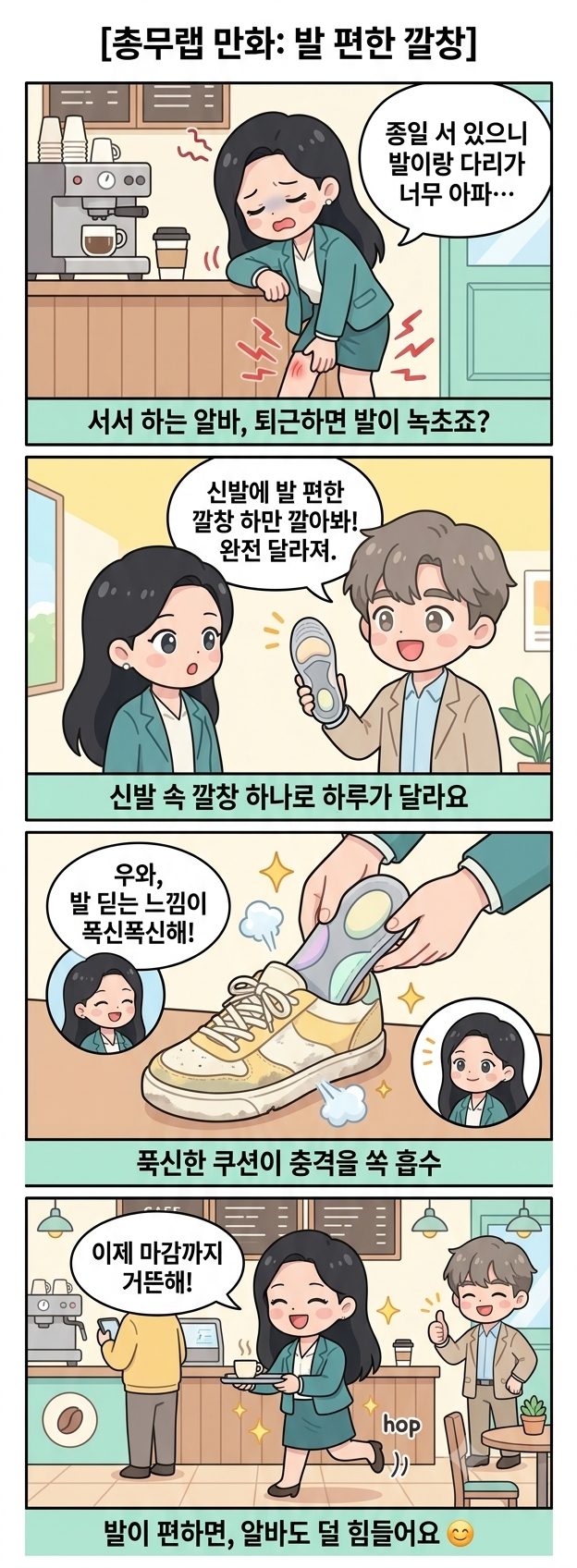 발 편한 깔창 웹툰 — 종일 서서 일하는 알바 발 통증, 신발 속 깔창 쿠션으로 마감까지 거뜬