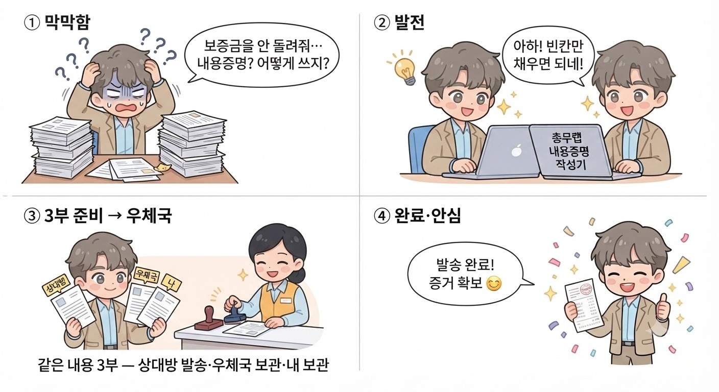 내용증명 첫 발송 4컷 웹툰 — ①막막함 ②작성기로 빈칸만 채우기 ③같은 내용 3부 준비 후 우체국 접수 ④발송 완료·증거 확보