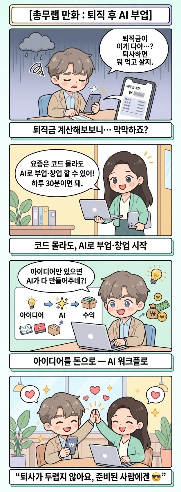 퇴직 후 AI 부업 웹툰 — 퇴직금 막막함에서 코드 없이 AI로 부업·창업, 하루 30분 아이디어를 수익으로