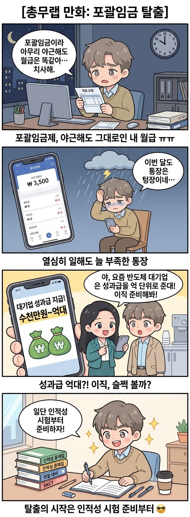 포괄임금 탈출 웹툰 — 야근해도 그대로인 월급, 대기업 성과급 억대, 이직 인적성 시험 준비